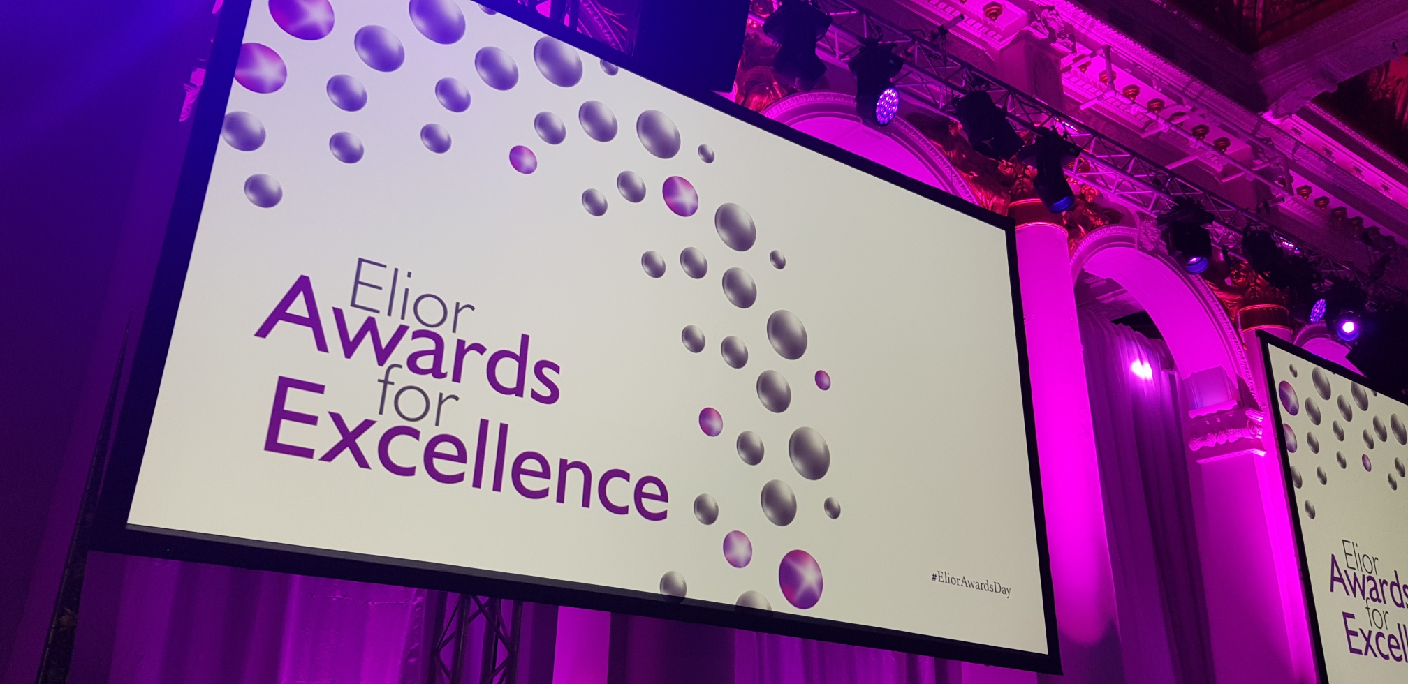 Image of the big screens showing the Elior Awards for Excellence logo